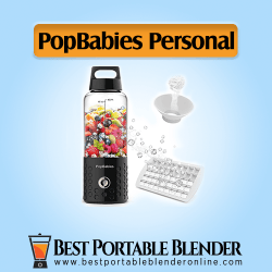 PopBabies Personal Blender filled with ingredients including strainer and ice cubes tray