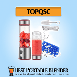 TOPQSC Best Portable Blender for Personal Use - [Budget Pick] with fruit ingredients, a processed smoothie drink, a USB charging cable, a cleaning brush and an ice cubes tray