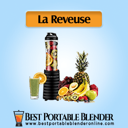 La Reveuse Portable Blender filled with fruit items and a glass filled with green smoothie