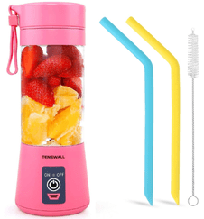 Tenswall Personal Size Blender - Mini USB Rechargeable Juice Mixer (Pink Color) with two straws and a cleaning brush